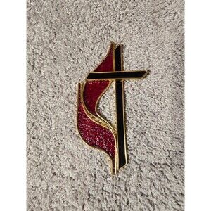 Vtg Stained Glass Cross United Trinity Methodist Church Symbol hanging Gold Red